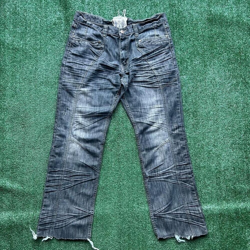 Men’s F.U.S.A.I. Size 34 Dark Wash Bootcut Moto Biker Jeans Raw Hem